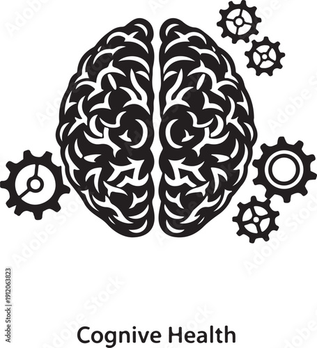 Black brain silhouette with gears and text Cognitive Health cogwheels thinking mind d