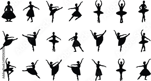 Black silhouette collection of ballerinas performing classical ballet poses, elegant dance movements, artistic performance set isolated on white background, grace, flexibility, choreography concept