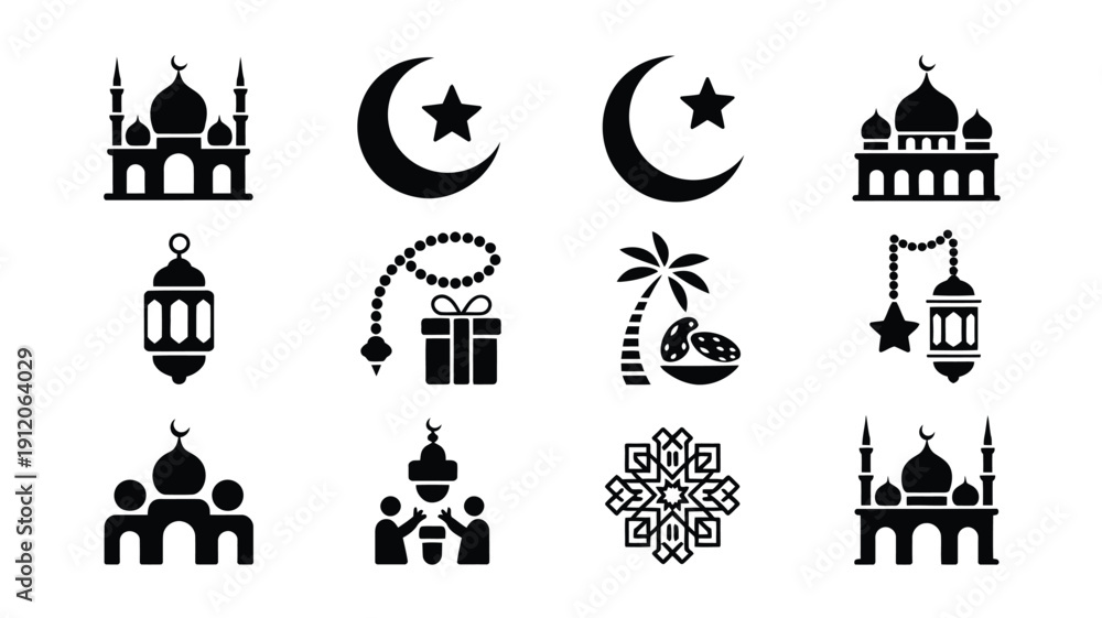 Naklejka premium Ramadan kareem icons set including mosque crescent moon lantern gift palm tree and star symbols in black silhouette on white background for islamic holiday celebrations and decorations