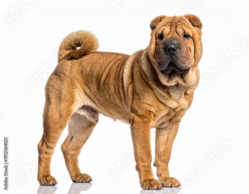 Shar-Peï, est une race de chiens d'origine chinoise, qui se caractérise par sa peau ample qui retombe en plis. Isolé sur fond blanc. Generated Image. 