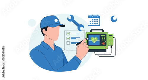 Medical equipment technician performing a scheduled maintenance check on a defibrillator or ECG machine using a checklist.