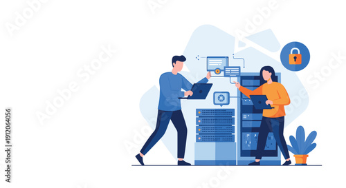 Male and female IT engineers collaborating on server maintenance and network security in a modern data center environment.