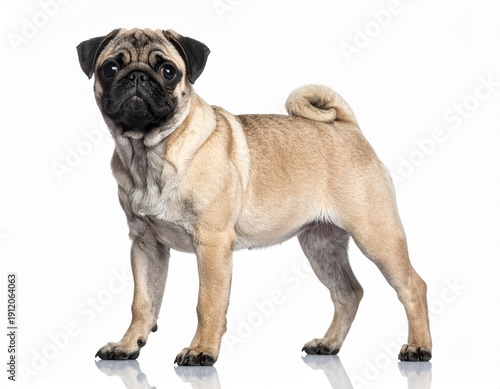 Carlin, chien de race provenant de Chine, debout, isolé sur fond blanc. Generated Image. 