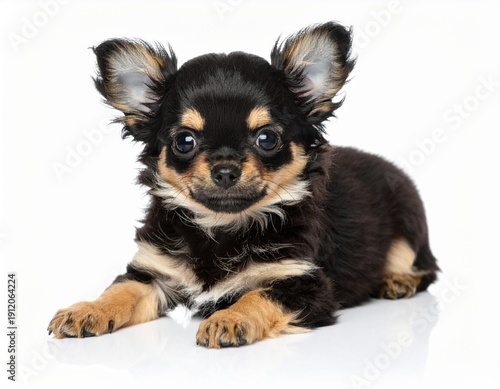 Chiot Chihuahua aux poils longs de couleurs noire, marron et blanche, isolé sur fond blanc. Generated Image. 