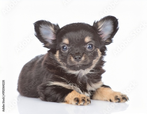 Chiot Chihuahua aux poils longs de couleurs noire, marron et blanche, isolé sur fond blanc. Generated Image. 