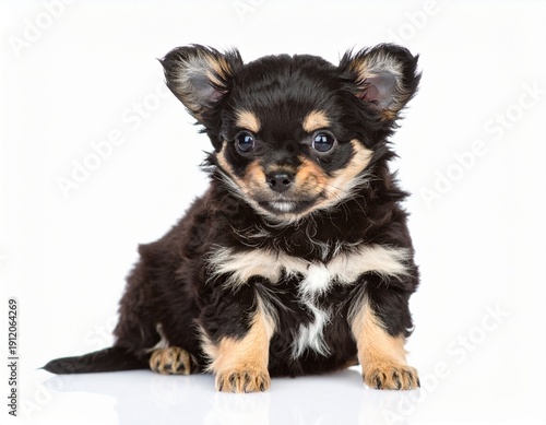Chiot Chihuahua aux poils longs de couleurs noire, marron et blanche, isolé sur fond blanc. Generated Image. 