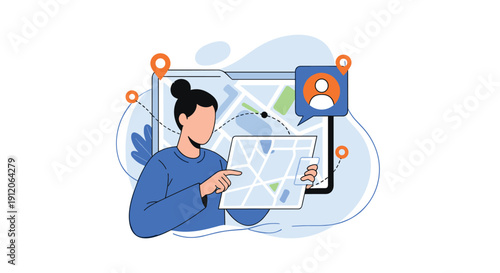Woman using a digital map on a large screen and a paper map for location tracking and modern GPS navigation services.