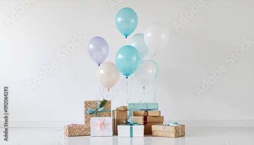 Ensemble de paquets-cadeaux avec décorations de ballons de couleur. Generated Image.