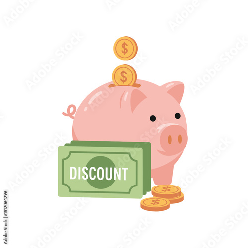 Piggy Bank Saving Money With Discounts and Coins
