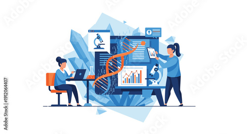 Female scientists conducting genetic research and bioinformatics analysis with DNA helix visualizations on futuristic computer interfaces.