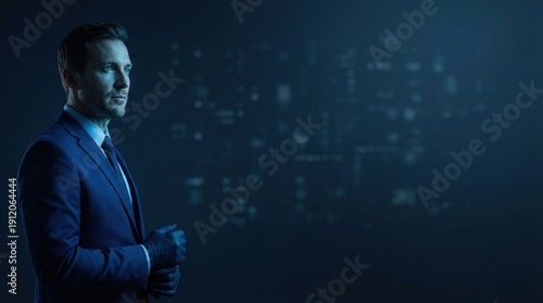 Portrait of a focused medical professional in a futuristic lab setting looking at copy space. Blue lighting suggests technology and advancement.