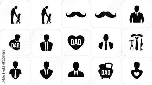Black silhouette icons of fathers mustaches and symbols for father's day on white background