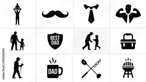 A clean grid layout of 12 professional black icons representing father's day concepts on a white background