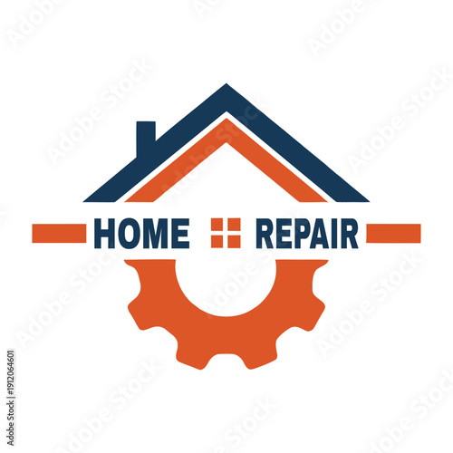 Orange and blue house roof with gear symbol and home repair text