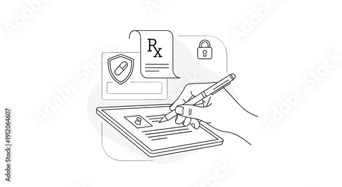 Line art illustration of a doctor issuing an electronic prescription by signing a digital form on a modern tablet computer.