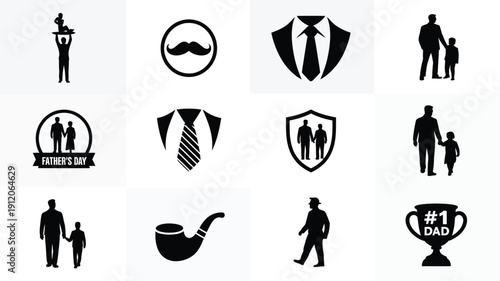 Minimalist black silhouettes for father's day showcasing men ties mustaches and symbols on a clean grid layout for modern designs
