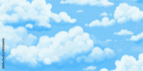 Halftone cloud background. White dotted clouds in blue sky. Comic pop art heaven wallpaper for banner, collage, poster, leaflet, brochure. Rasterized smoke, smog or fog texture. Vector illustration