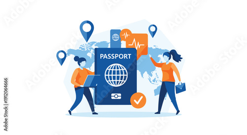 Concept of a digital health passport for international travel, with people managing their vaccination and medical records online.
