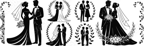 Vector, Illustration, Set, of, Romantic, Wedding, Couple, Silhouettes, for, Marriage, Identity, Branding, Professional, Graphic, Design, Projects, Collection, Elements, Love, Romance, Bride, Groom, 