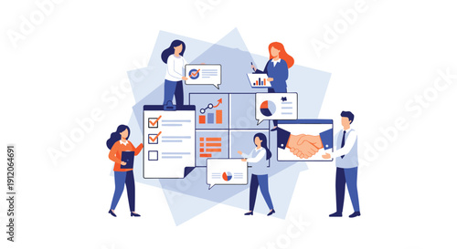 Business team collaborating on a project plan, assembling a dashboard with tasks, analytics, and important partnership agreements.