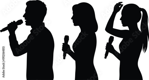 Black silhouette collection of male and female singers holding microphones, performing on stage, isolated on white background, music performance concept, vocal artists illustration