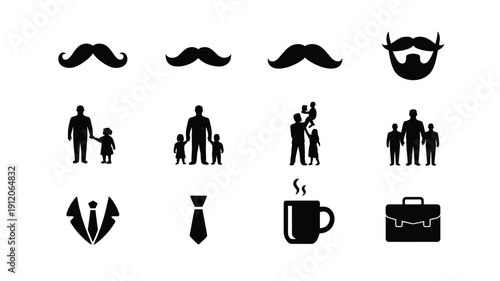 Collection of black business and lifestyle icons featuring mustaches people ties and office accessories on white background