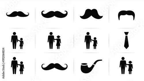 Collection of black silhouette icons featuring mustaches people and smoking pipe on white background for design and branding