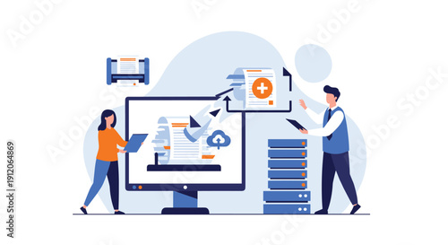 Healthcare professionals securely migrating paper and digital medical records to a cloud-based electronic health record system.
