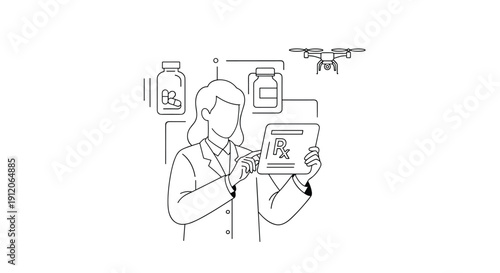 Line art concept of futuristic pharmacy services, with a pharmacist managing prescription fulfillment and drone delivery via tablet.