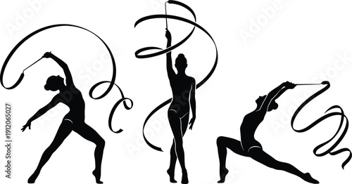 Black silhouette set of rhythmic gymnasts performing with ribbon, elegant athletic poses isolated on white background, flexibility, grace, sport, dance, artistic movement concept