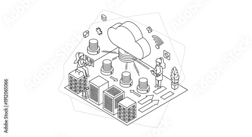 Isometric line art of a cloud computing environment with servers, databases, and users connected to a central cloud network.