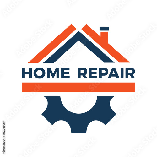 Orange and blue house with wrench symbol and home repair text roof tool