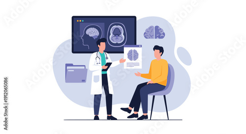 Neurologist showing a patient the results of an MRI or CT brain scan during a medical consultation in a modern clinic.