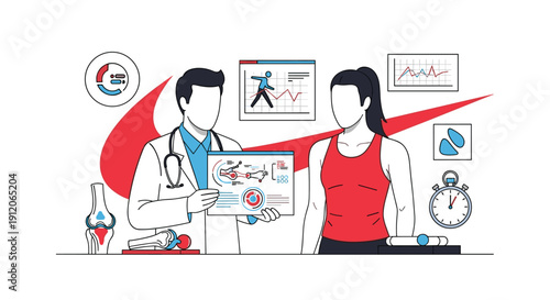 Sports medicine doctor analyzing biomechanics and performance data with a female athlete to optimize her training and prevent injuries.
