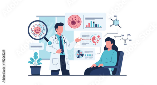 Doctor explaining a diagnosis to a patient using visuals of cellular biology, chemical structures, and medical data charts.