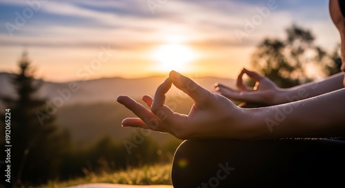 Serene woman meditating at sunrise in a mountain landscape, practicing mindfulness and yoga for inner peace and well-being