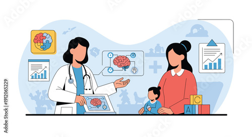 Pediatric neurologist discussing a child's brain development and cognitive health with their mother in a clinical setting.