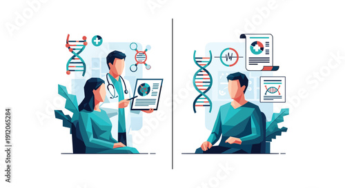 Doctor consulting with patients about their personalized genetic test results, explaining DNA data for precision medicine.