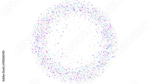 Holographic Tinsel. Pink Glitch Confetti And Blue Unicorn Glitter. Abstract Birthday Background On White. Happy Celebration With Transparent Serpentine And Gift. Purple Holographic Tinsel