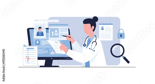 Doctor managing and reviewing patient profiles and electronic health records on a secure computer system in a modern clinic.