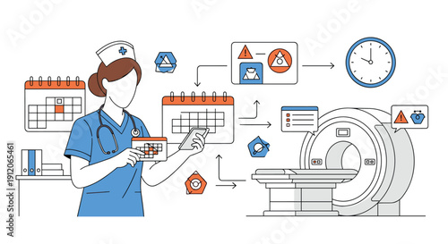 Nurse or radiologic technologist scheduling an MRI scan appointment and reviewing safety protocols and patient contraindications.