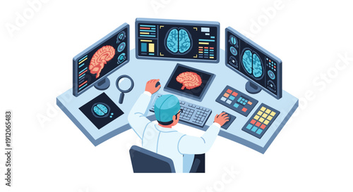 Neurologist in a high-tech control room analyzing brain scans and data on multiple screens for advanced medical diagnosis.
