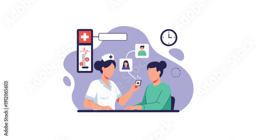 Nurse using a mobile application on a smartphone to explain medical information and patient records to a female patient.