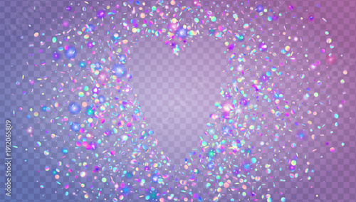 Carnaval Confetti In Heart Shape. Purple Neon Tinsel And Holographic Glitter. Love Valentine And Wedding Background With Sparkle Sequins. Pink Birthday Party. Blue Shiny Carnaval Confetti