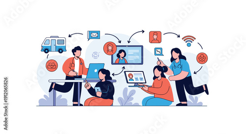 Connected healthcare network showing doctors and patients communicating through digital devices for telehealth and remote services.