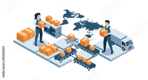 Isometric view of a global supply chain and logistics operation with warehouse workers, conveyor belts, and delivery trucks.