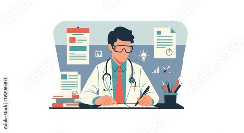 Male doctor wearing safety glasses and a stethoscope sits at his desk writing notes and managing patient information.