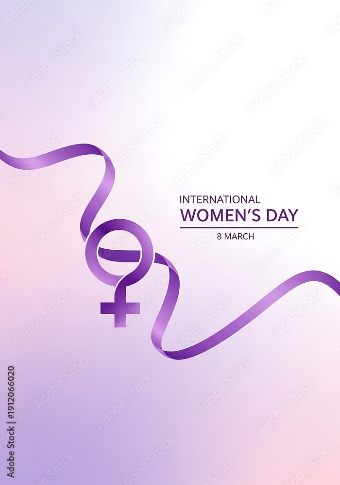 Obraz premium International Women’s Day greeting card with purple ribbon forming number eight and female gender symbol on soft pastel gradient background