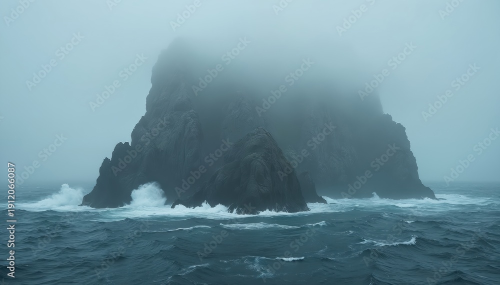 Naklejka premium Misty ocean waves crash against large rocky islands shrouded in fog. The dark sea and rugged cliffs create a dramatic, moody seascape perfect for adventure or travel themes.