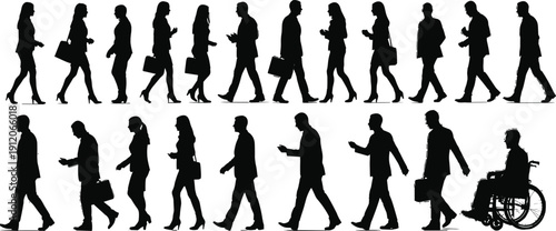 Business people walking silhouettes collection, professional men women office commute vector illustration